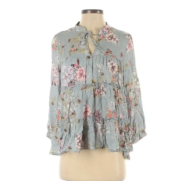 Blue Rain Women's Size S Long Sleeve Blouse Floral Ruffle Cottagecore Tie Neck - Picture 1 of 4
